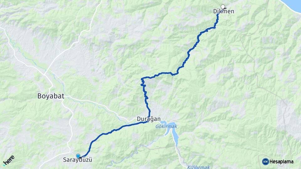 Sinop Saraydüzü Dikmen Arası Kaç Km - Yol Haritası