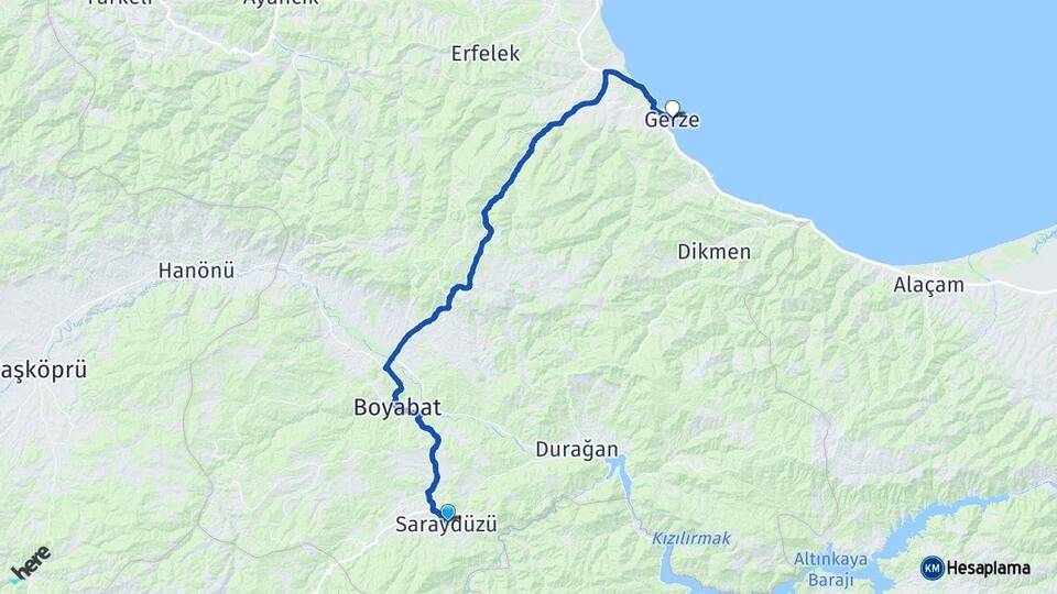 Sinop Saraydüzü Gerze Arası Kaç Km - Yol Haritası