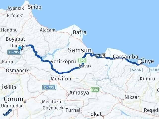 Sinop Saraydüzü Ünye Ordu Arası Kaç Km - Yol Haritası