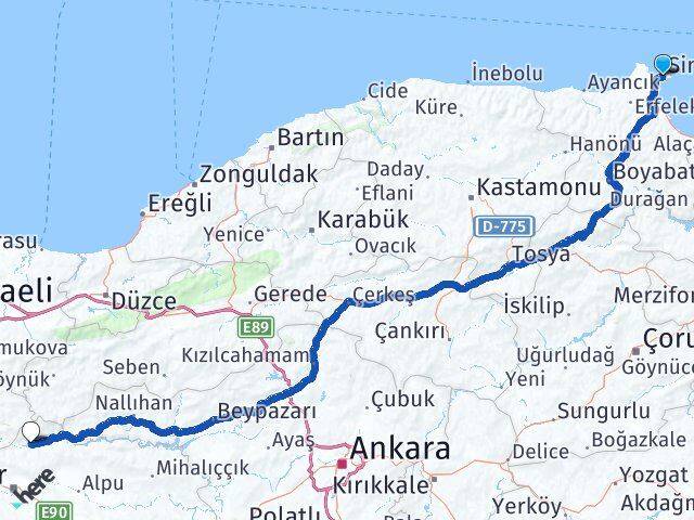 Sinop Sarıcakaya Eskişehir Arası Kaç Km - Yol Haritası