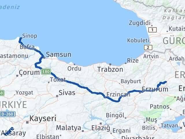 Sinop Sarıkamış Kars Arası Kaç Km - Yol Haritası