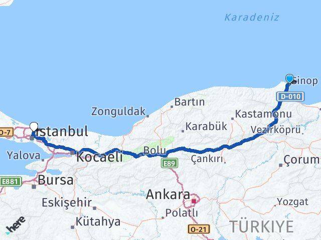 Sinop Sarıyer İstanbul Arası Kaç Km - Yol Haritası