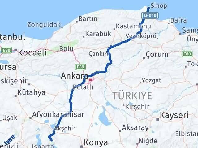 Sinop Şarkikaraağaç Isparta Arası Kaç Km - Yol Haritası