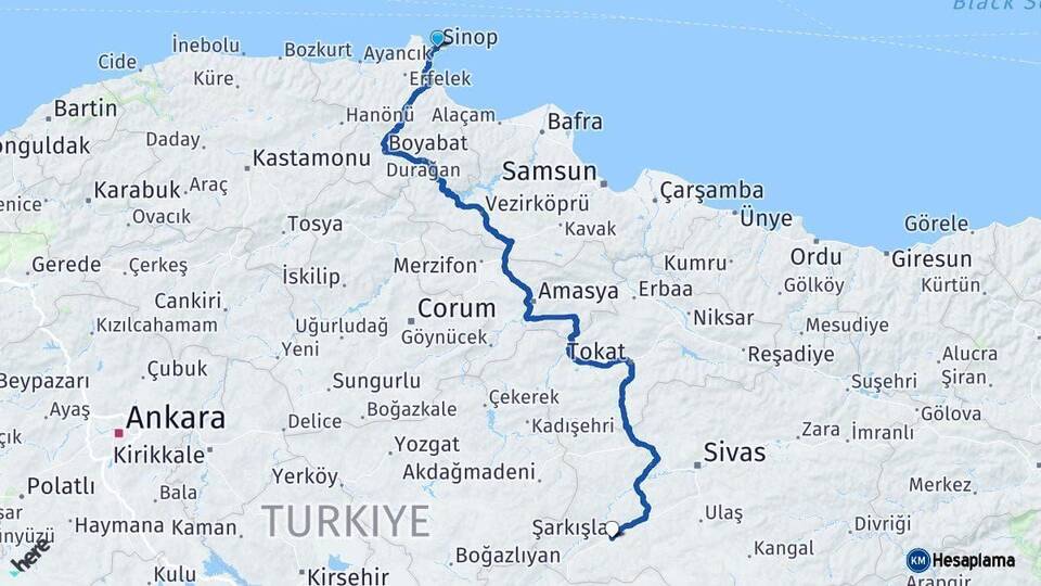 Sinop Şarkışla Sivas Arası Kaç Km - Yol Haritası