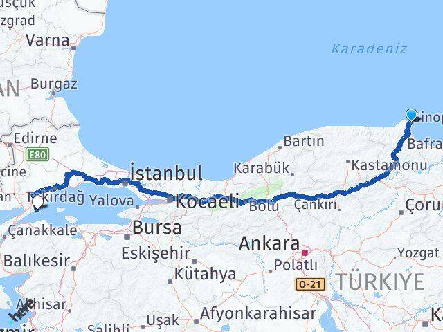 Sinop Şarköy Tekirdağ Arası Kaç Km - Yol Haritası
