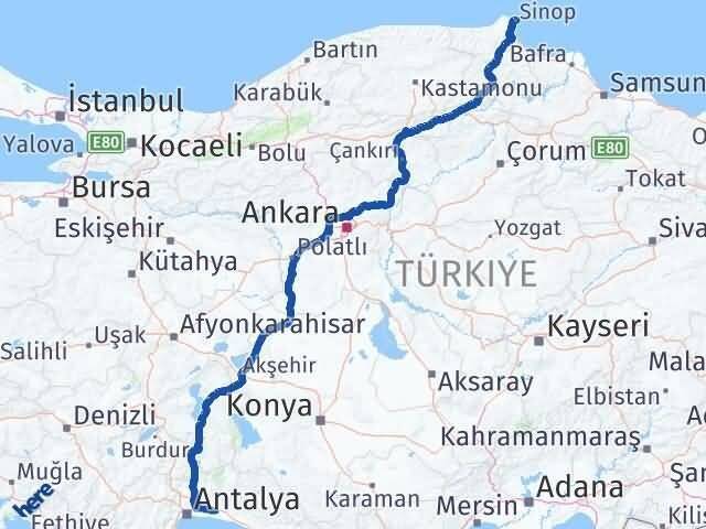 Sinop Serik Antalya Arası Kaç Km - Yol Haritası