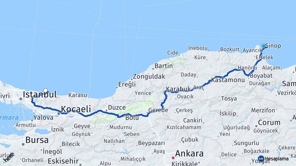Sinop Şile İstanbul Arası Kaç Km - Yol Haritası