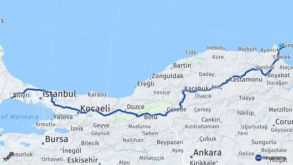 Sinop Silivri İstanbul Arası Kaç Km - Yol Haritası
