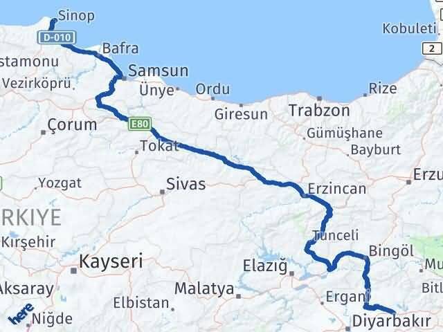 Sinop Silvan Diyarbakır Arası Kaç Km - Yol Haritası