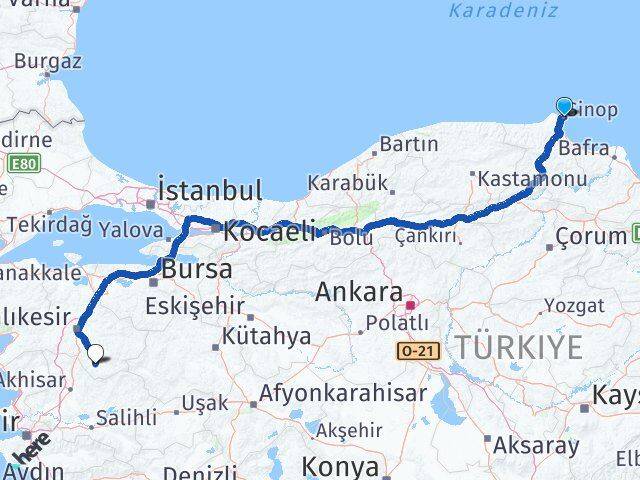 Sinop Sındırgı Balıkesir Arası Kaç Km - Yol Haritası