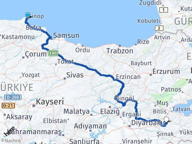 Sinop Şirvan Siirt Arası Kaç Km - Yol Haritası