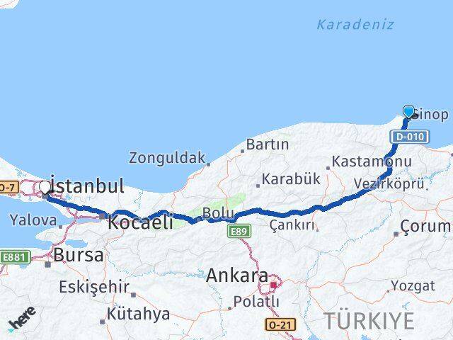 Sinop Şişli İstanbul Arası Kaç Km - Yol Haritası
