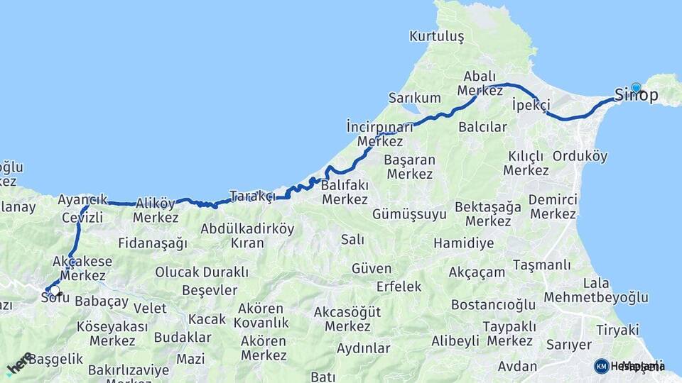 Sinop Sofu Ayancık Arası Kaç Km - Yol Haritası