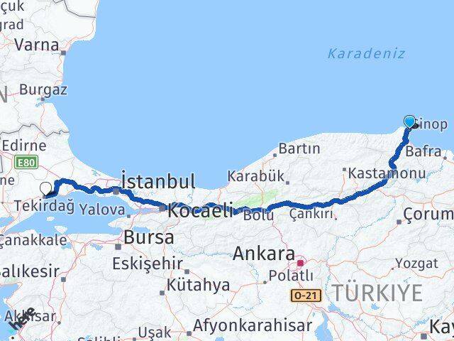 Sinop Süleymanpaşa Tekirdağ Arası Kaç Km - Yol Haritası