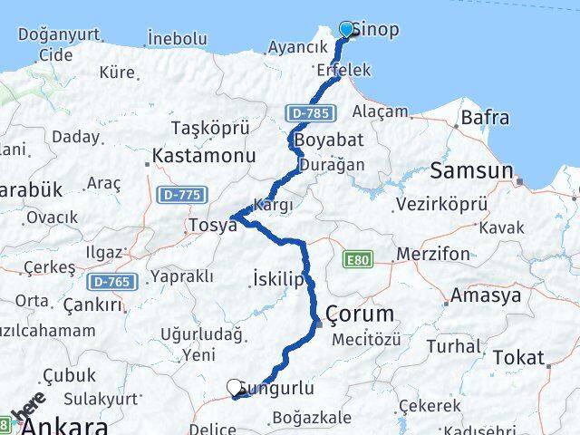 Sinop Sungurlu Çorum Arası Kaç Km - Yol Haritası
