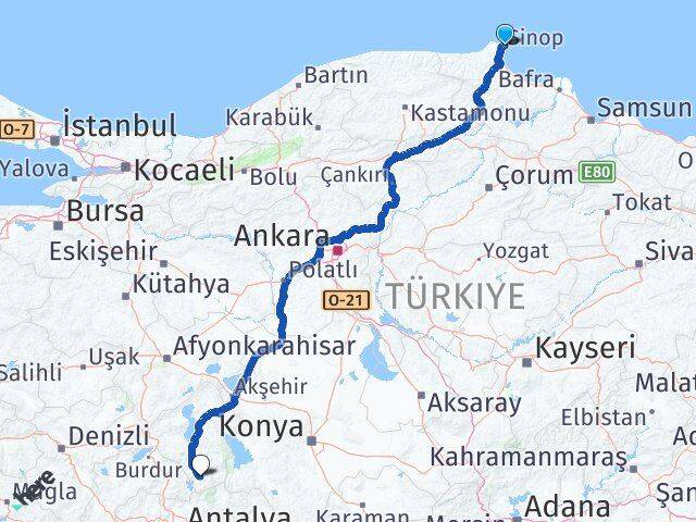 Sinop Sütçüler Isparta Arası Kaç Km - Yol Haritası