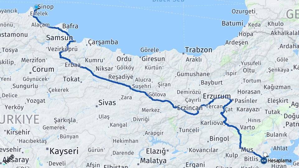 Sinop Tatvan Bitlis Arası Kaç Km - Yol Haritası