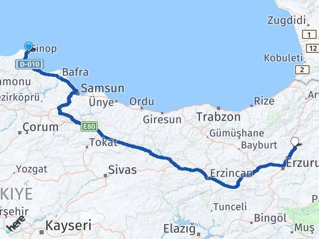 Sinop Tortum Erzurum Arası Kaç Km - Yol Haritası