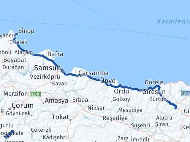 Sinop Torul Gümüşhane Arası Kaç Km - Yol Haritası