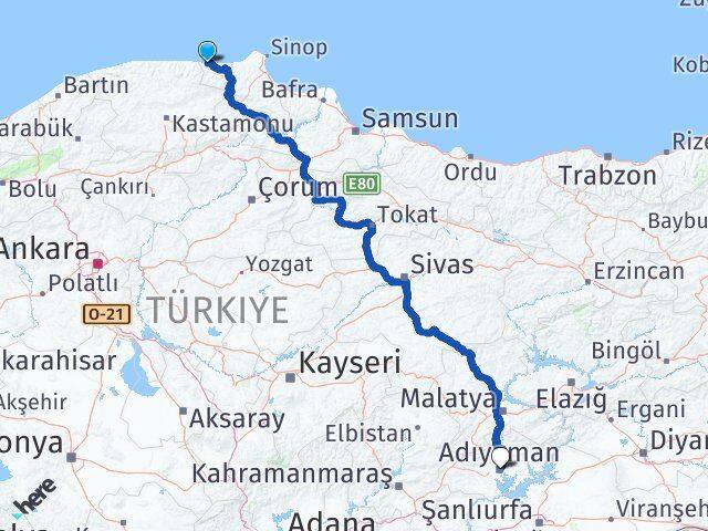 Sinop Türkeli Adıyaman Arası Kaç Km - Yol Haritası