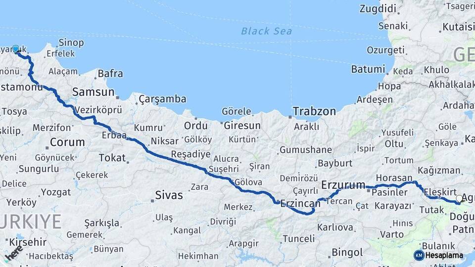 Sinop Türkeli Ağrı Arası Kaç Km - Yol Haritası