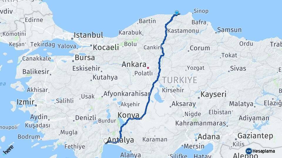 Sinop Türkeli Antalya Arası Kaç Km - Yol Haritası