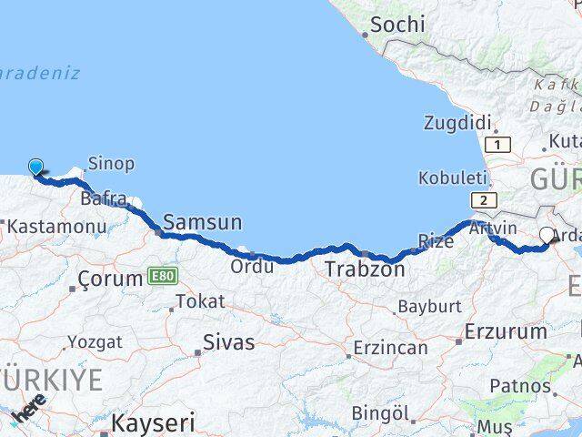 Sinop Türkeli Ardahan Arası Kaç Km - Yol Haritası