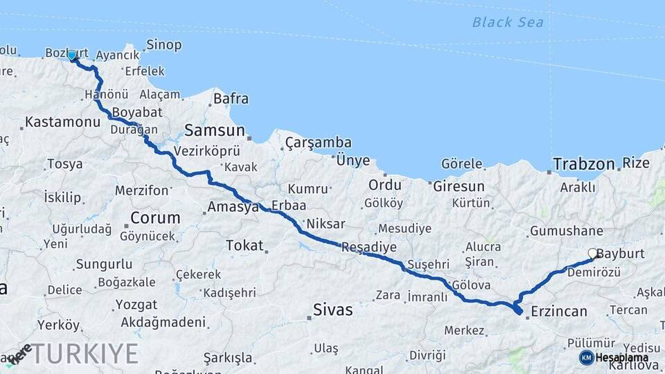 Sinop Türkeli Bayburt Arası Kaç Km - Yol Haritası