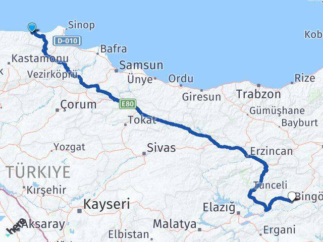Sinop Türkeli Bingöl Arası Kaç Km - Yol Haritası