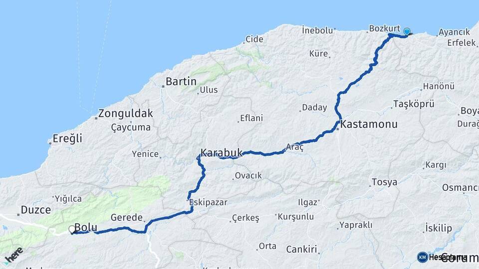 Sinop Türkeli Bolu Arası Kaç Km - Yol Haritası