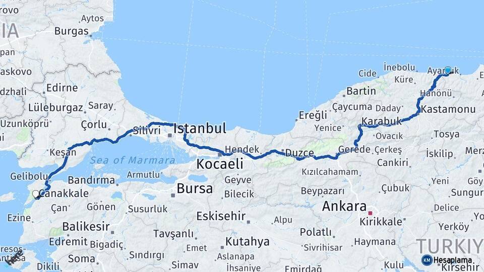 Sinop Türkeli Çanakkale Arası Kaç Km - Yol Haritası