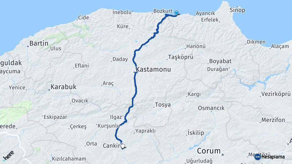 Sinop Türkeli Çankırı Arası Kaç Km - Yol Haritası