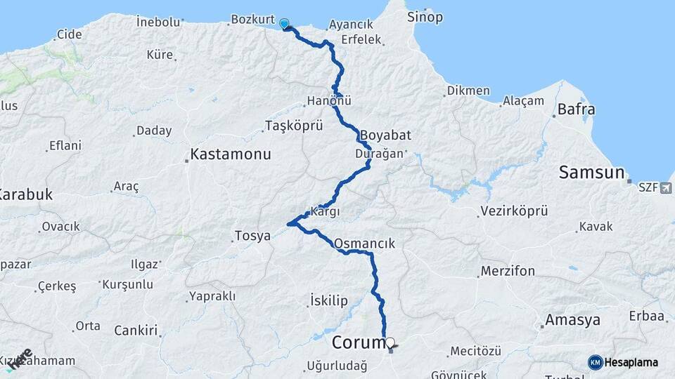 Sinop Türkeli Çorum Arası Kaç Km - Yol Haritası