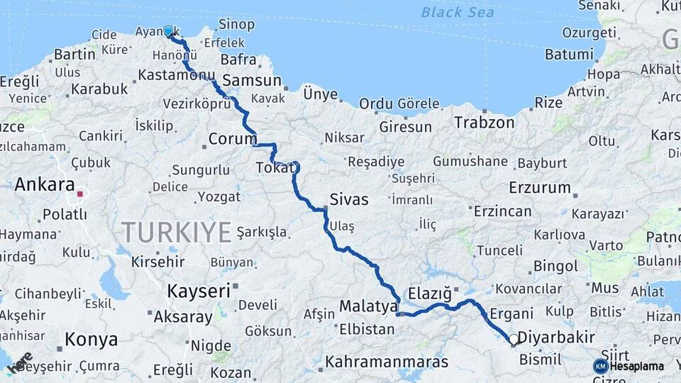 Sinop Türkeli Diyarbakır Arası Kaç Km - Yol Haritası