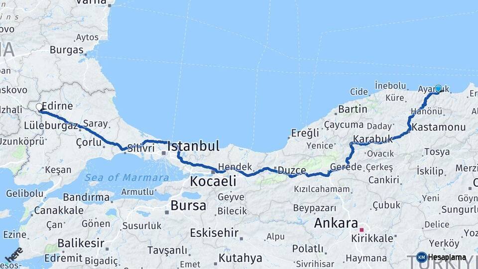 Sinop Türkeli Edirne Arası Kaç Km - Yol Haritası