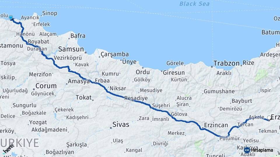 Sinop Türkeli Erzurum Arası Kaç Km - Yol Haritası