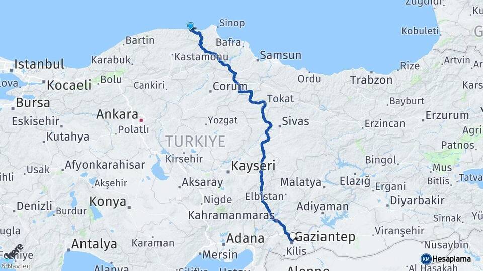 Sinop Türkeli Gaziantep Arası Kaç Km - Yol Haritası