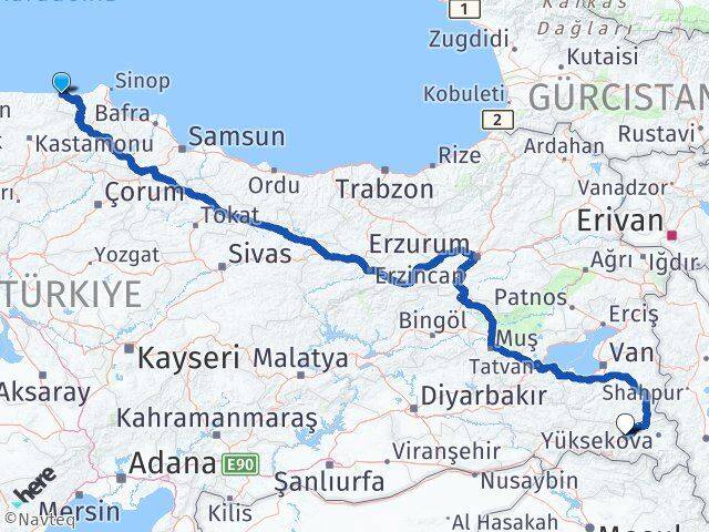Sinop Türkeli Hakkari Arası Kaç Km - Yol Haritası