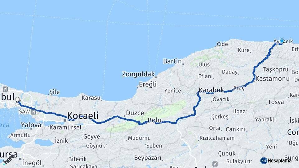 Sinop Türkeli İstanbul Arası Kaç Km - Yol Haritası