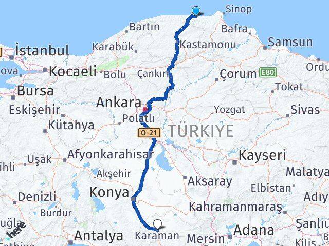 Sinop Türkeli Karaman Arası Kaç Km - Yol Haritası
