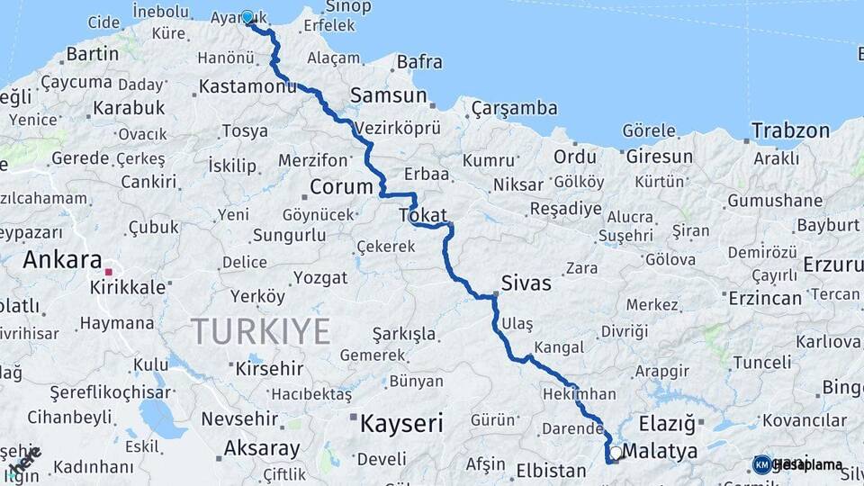 Sinop Türkeli Malatya Arası Kaç Km - Yol Haritası