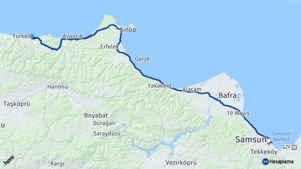 Sinop Türkeli Samsun Arası Kaç Km - Yol Haritası