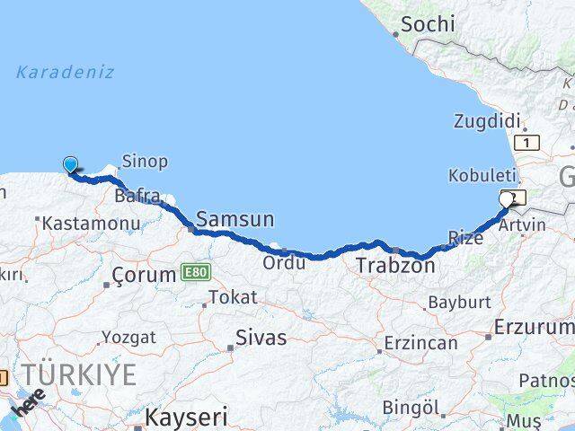Sinop Türkeli Sarp Kemalpaşa Artvin Arası Kaç Km - Yol Haritası