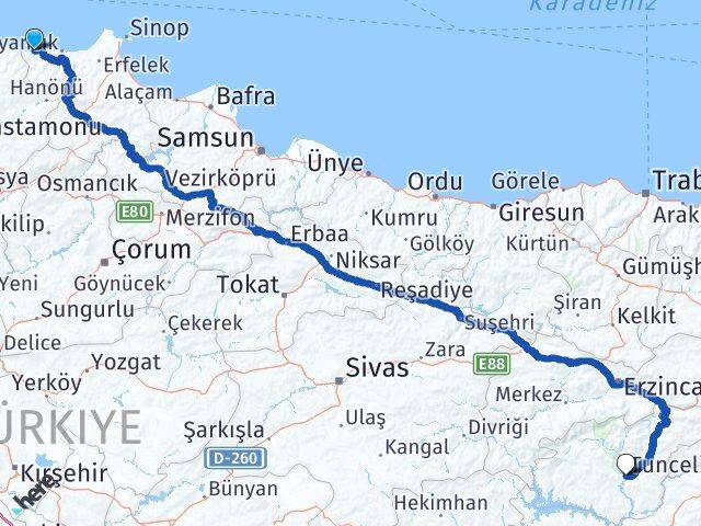 Sinop Türkeli Tunceli Arası Kaç Km - Yol Haritası