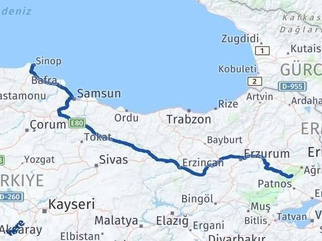 Sinop Tutak Ağrı Arası Kaç Km - Yol Haritası