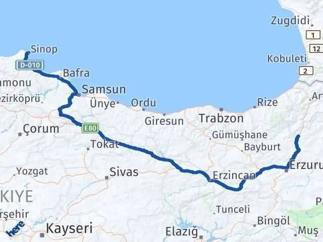 Sinop Uzundere Erzurum Arası Kaç Km - Yol Haritası