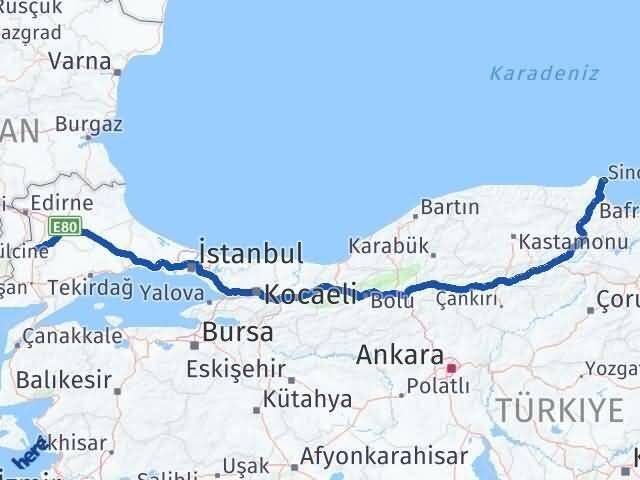 Sinop Uzunköprü Edirne Arası Kaç Km - Yol Haritası