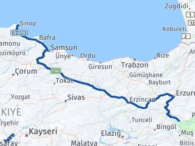 Sinop Varto Muş Arası Kaç Km - Yol Haritası