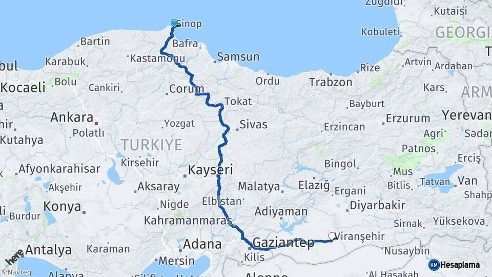 Sinop Viranşehir Şanlıurfa Arası Kaç Km - Yol Haritası