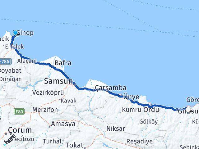 Sinop Yağlıdere Giresun Arası Kaç Km - Yol Haritası